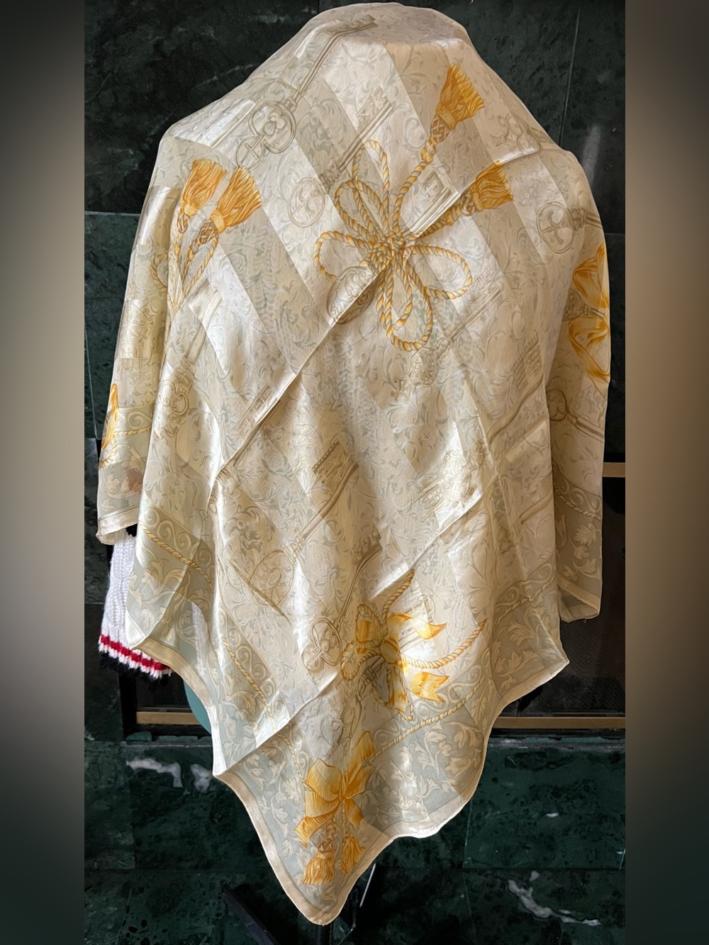 Alfredo Versace Elegant Cream Gold Silk Scarf Ornate Tassel Motif Square Shawl